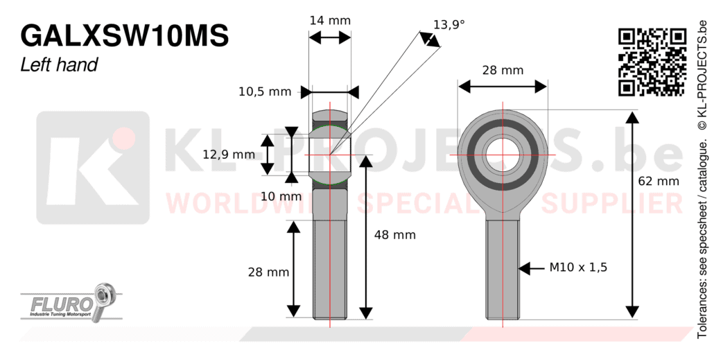Fluro GALXSW10MS male rod end drawing with dimensions