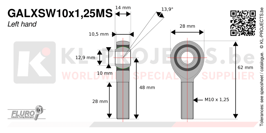 Fluro GALXSW10x1,25MS male rod end drawing with dimensions