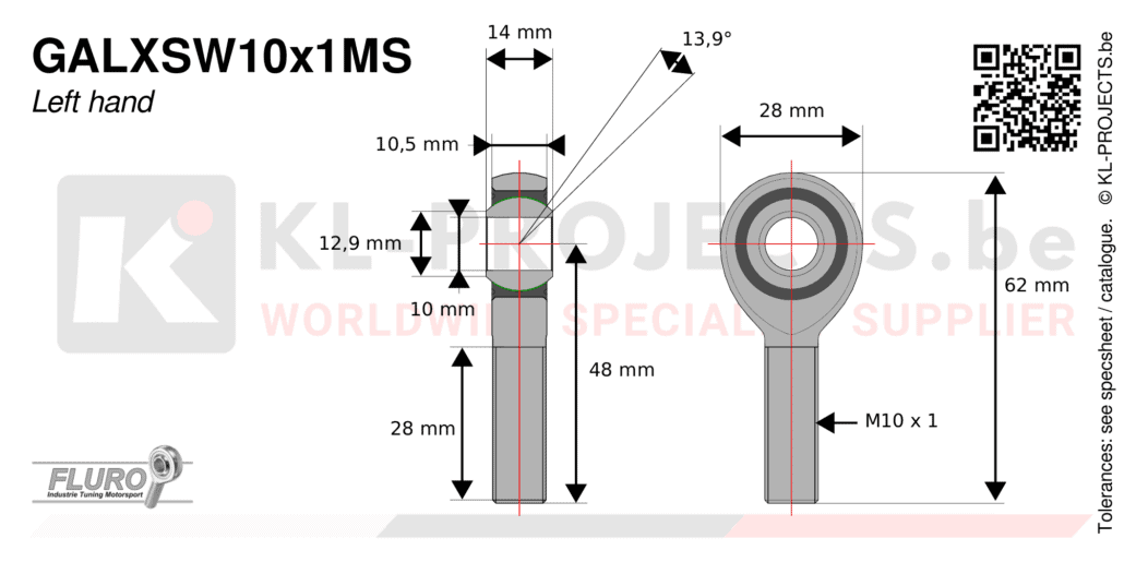 Fluro GALXSW10x1MS male rod end drawing with dimensions