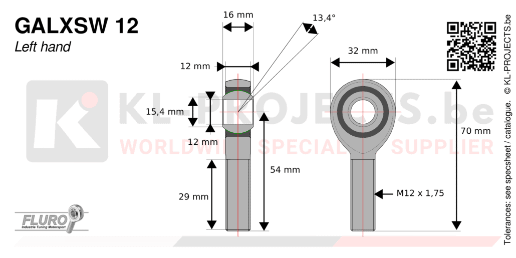 Fluro GALXSW12 male rod end drawing with dimensions