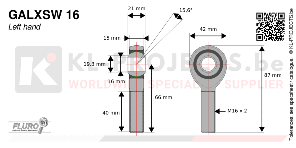 Fluro GALXSW16 male rod end drawing with dimensions