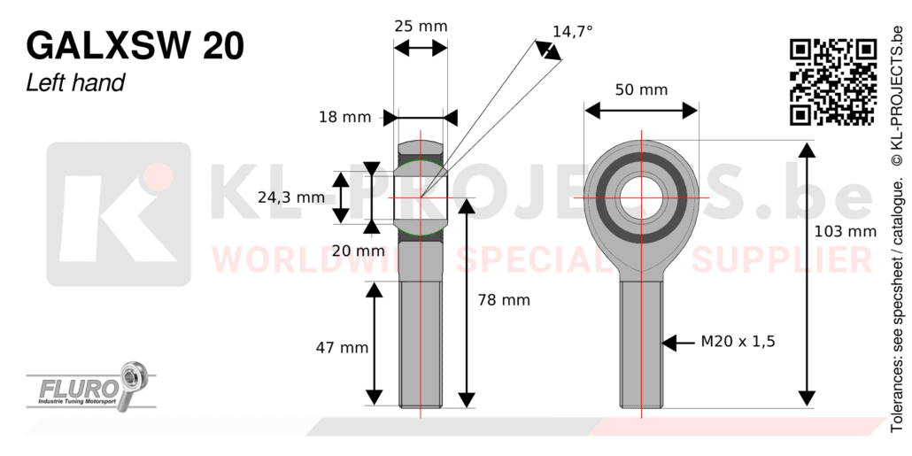 Fluro GALXSW20 male rod end drawing with dimensions