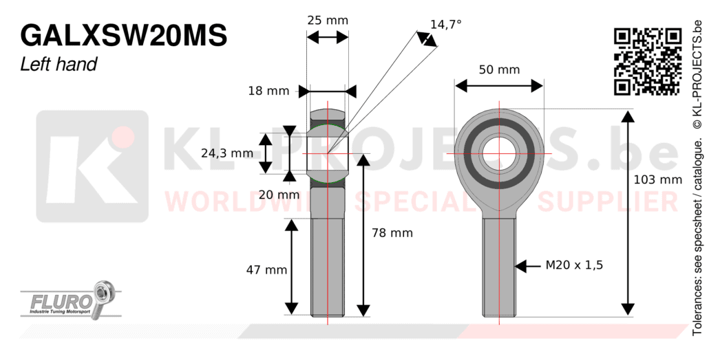 Fluro GALXSW20MS male rod end drawing with dimensions