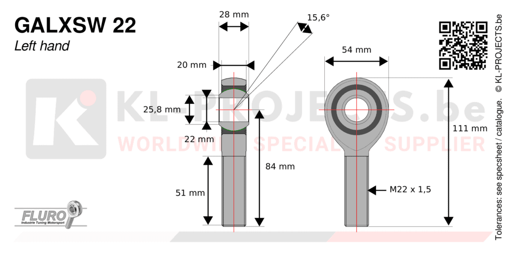Fluro GALXSW22 male rod end drawing with dimensions