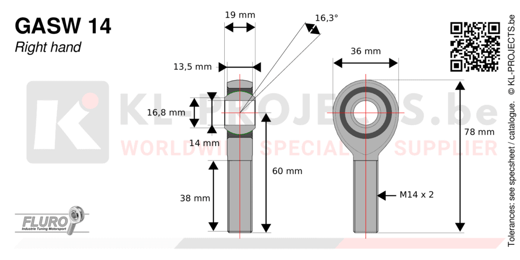 Fluro GASW14 male rod end drawing with dimensions