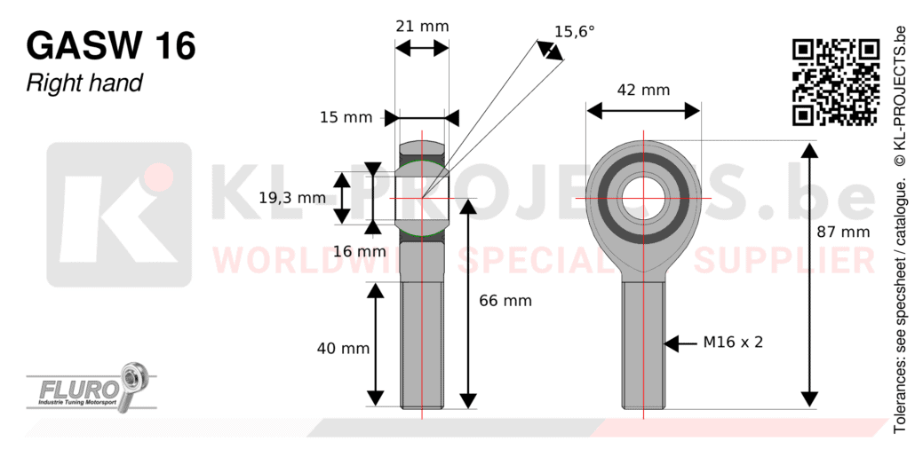 Fluro GASW16 male rod end drawing with dimensions