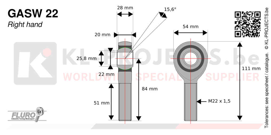 Fluro GASW22 male rod end drawing with dimensions