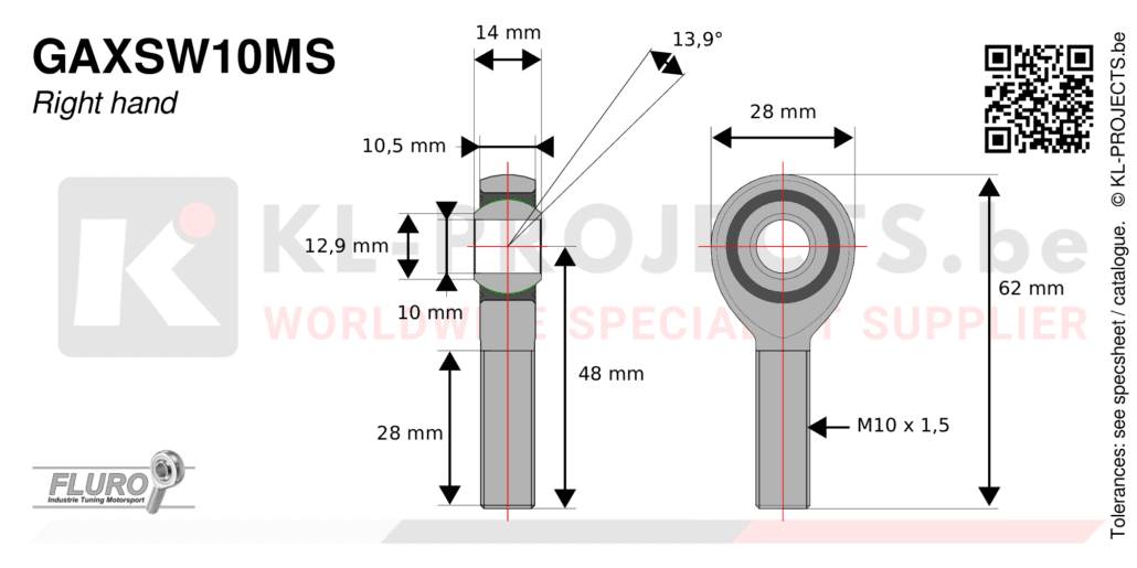 Fluro GAXSW10MS male rod end drawing with dimensions