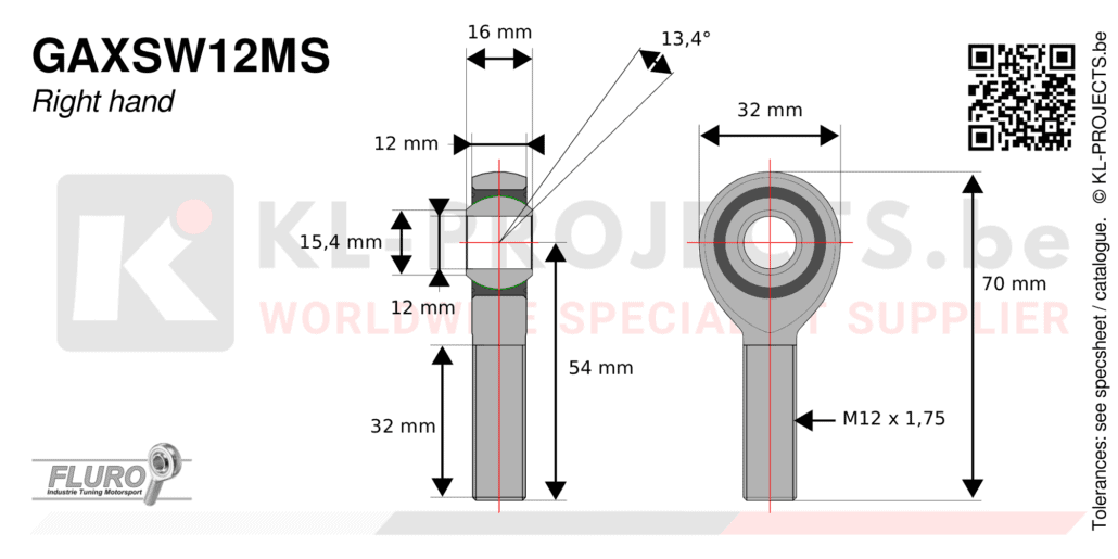 Fluro GAXSW12MS male rod end drawing with dimensions