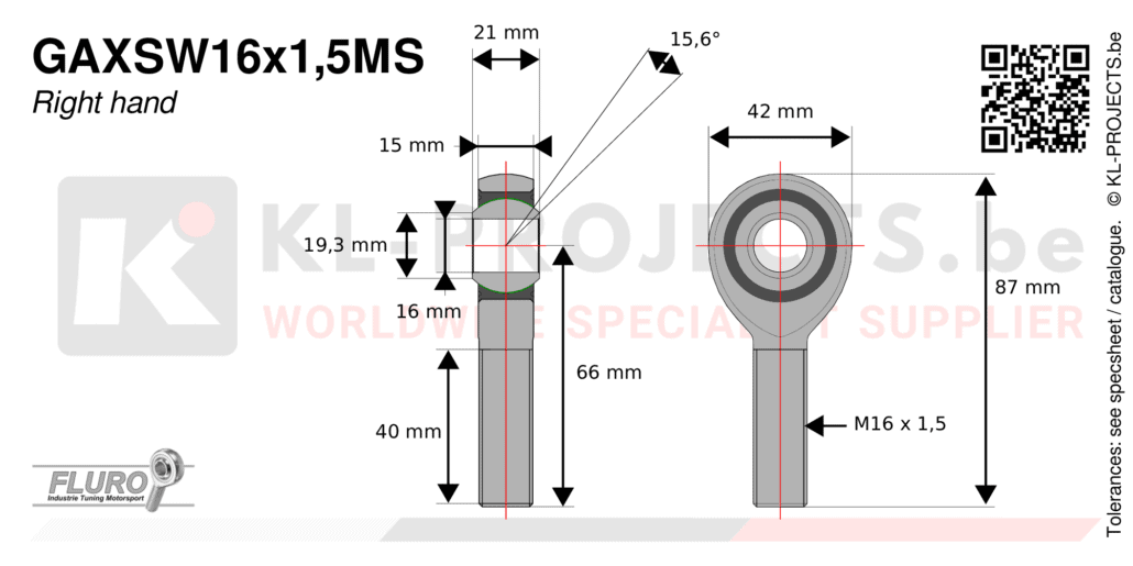 Fluro GAXSW16x1,5MS male rod end drawing with dimensions