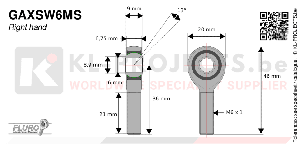 Fluro GAXSW6MS male rod end drawing with dimensions