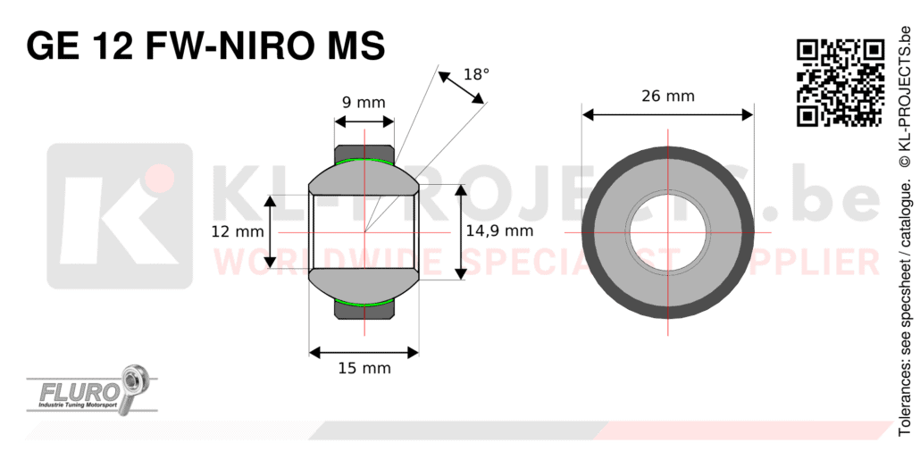 Fluro GE12FW-NIRO-MS high misalignment spherical bearing drawing with dimensions