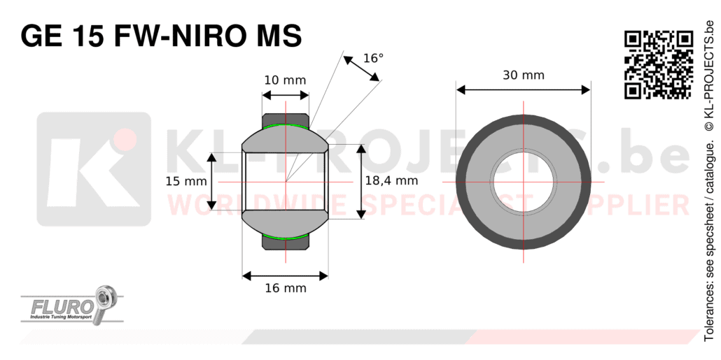 Fluro GE15FW-NIRO-MS high misalignment spherical bearing drawing with dimensions