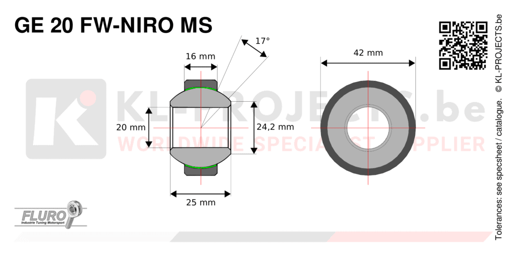Fluro GE20FW-NIRO-MS high misalignment spherical bearing drawing with dimensions