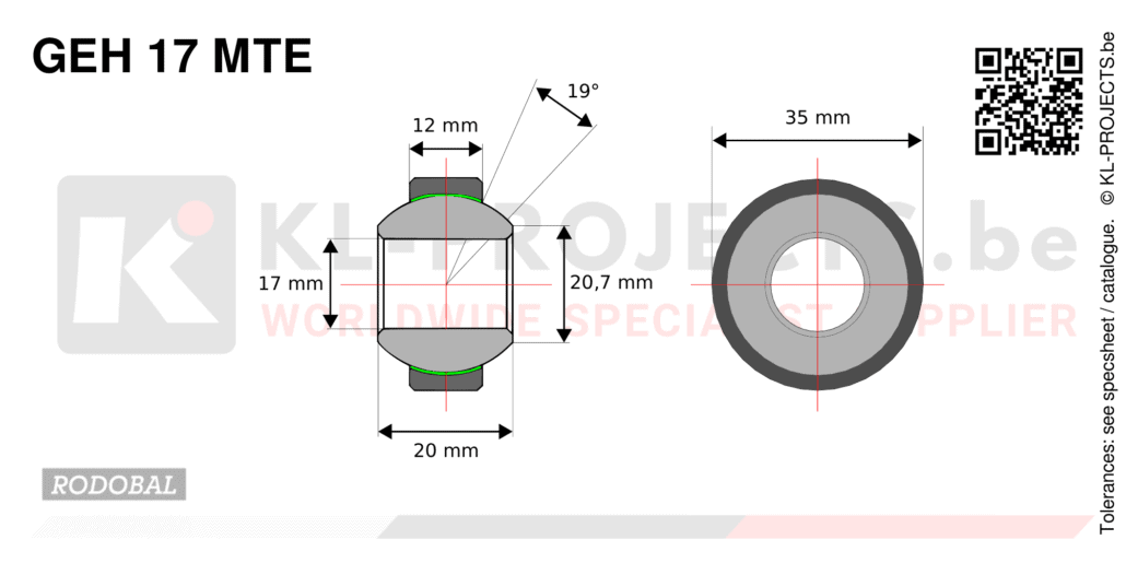 Rodobal GEH17MTE high misalignment spherical bearing drawing with dimensions