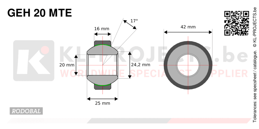 Rodobal GEH20MTE high misalignment spherical bearing drawing with dimensions