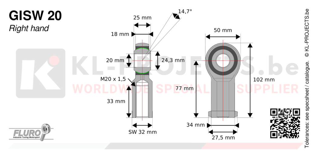 Fluro GISW20 female rod end drawing with dimensions