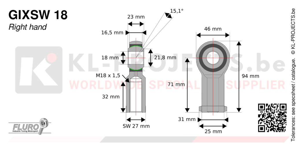 Fluro GIXSW18 female rod end drawing with dimensions