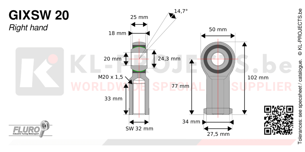 Fluro GIXSW20 female rod end drawing with dimensions