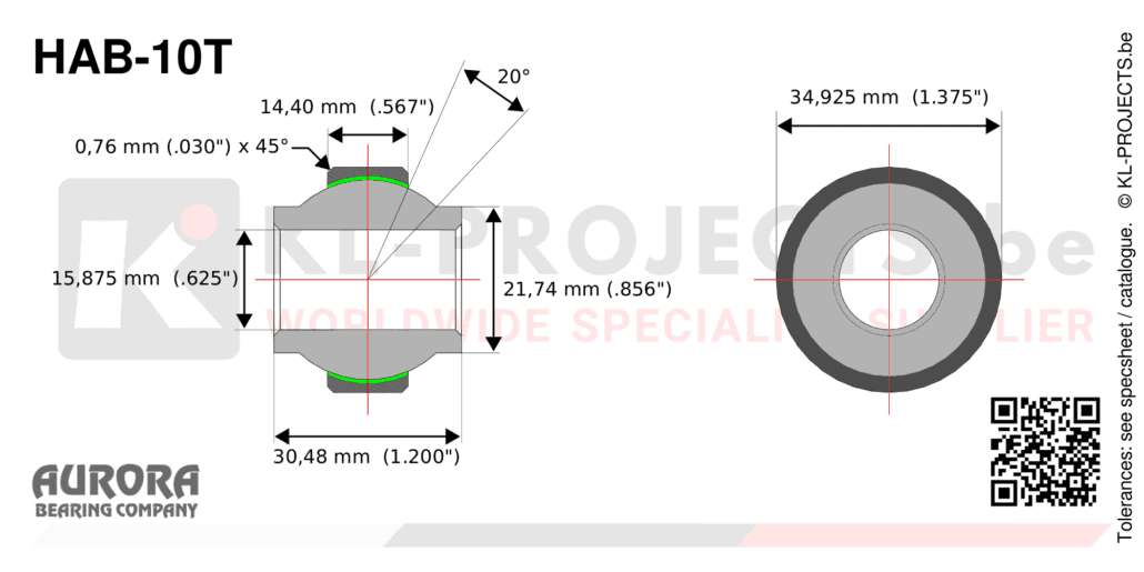 Aurora HAB-10T high misalignment spherical bearing drawing with dimensions