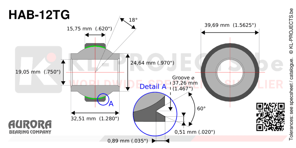 Aurora HAB-12TG high misalignment spherical bearing drawing with dimensions