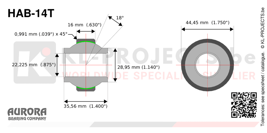 Aurora HAB-14T high misalignment spherical bearing drawing with dimensions