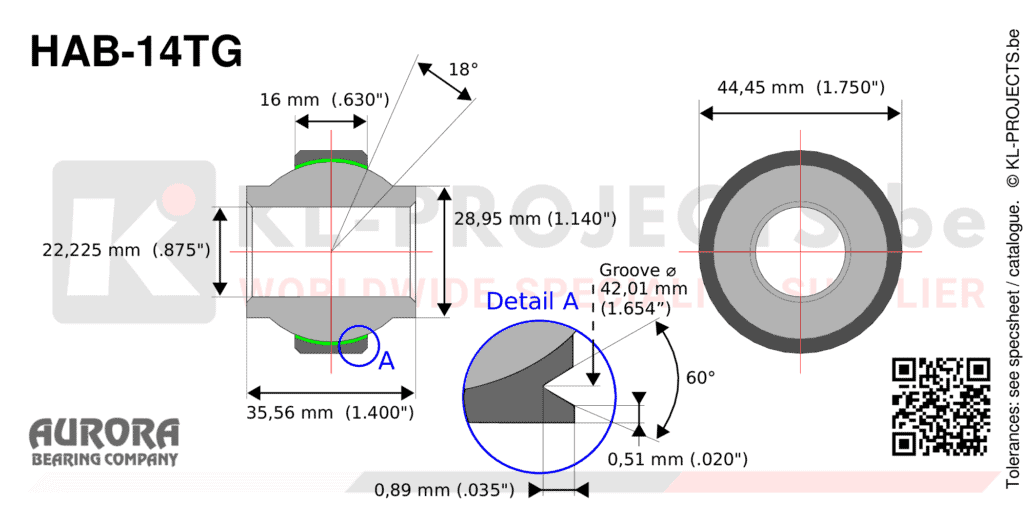 Aurora HAB-14TG high misalignment spherical bearing drawing with dimensions