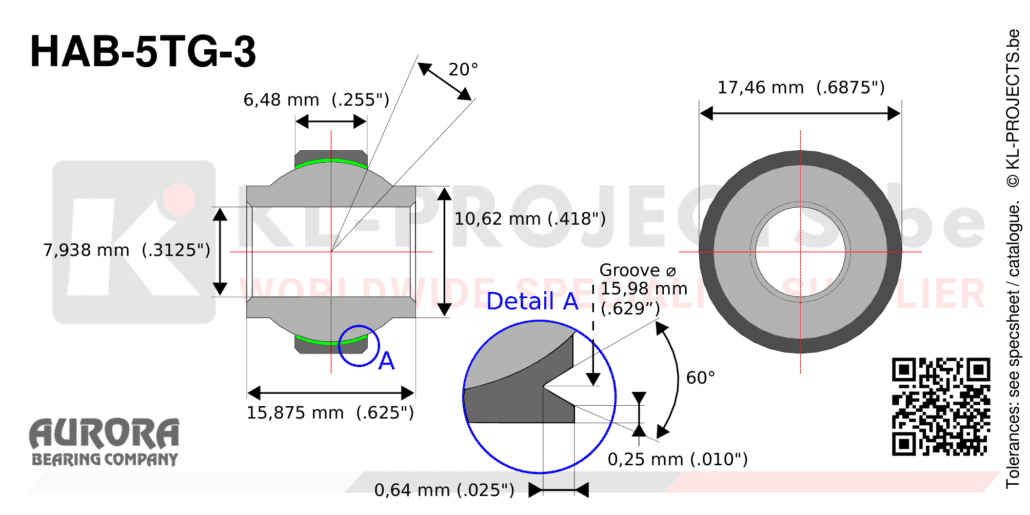 Aurora HAB-5TG-3 high misalignment spherical bearing drawing with dimensions