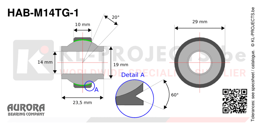 Aurora HAB-M14TG-1 high misalignment spherical bearing drawing with dimensions