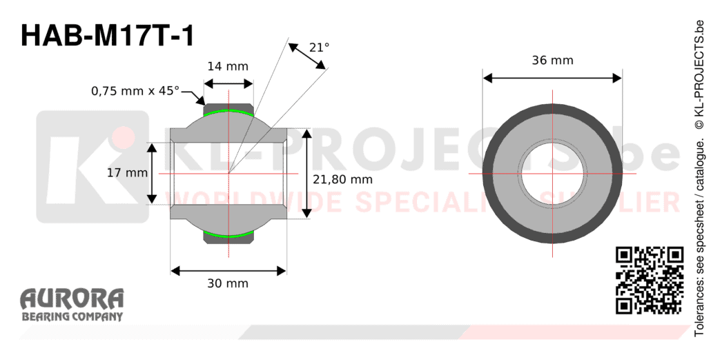 Aurora HAB-M17T-1 high misalignment spherical bearing drawing with dimensions