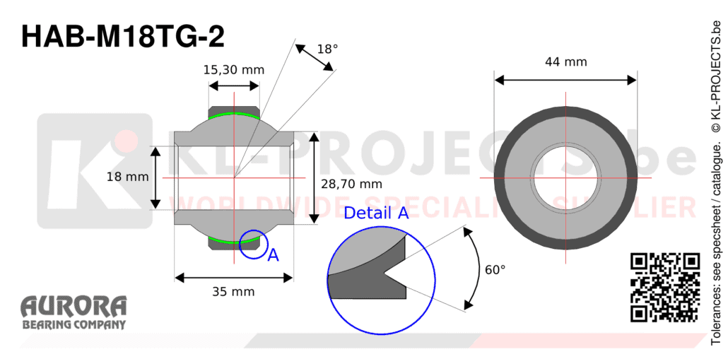 Aurora HAB-M18TG-2 high misalignment spherical bearing drawing with dimensions