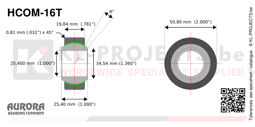 Aurora HCOM-16T narrow spherical bearing drawing with dimensions