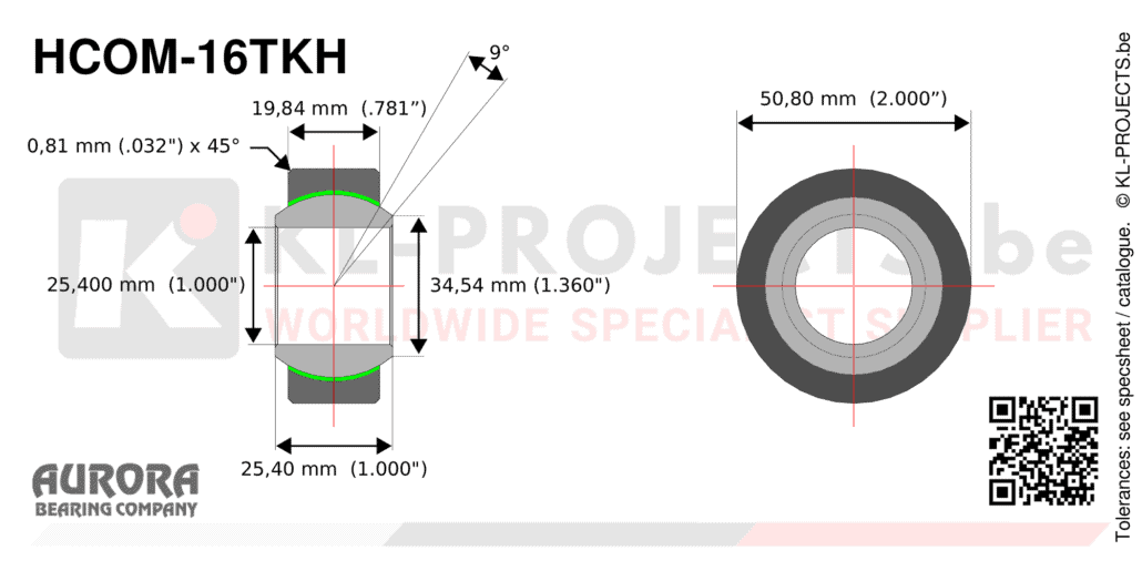 Aurora HCOM-16TKH narrow spherical bearing drawing with dimensions