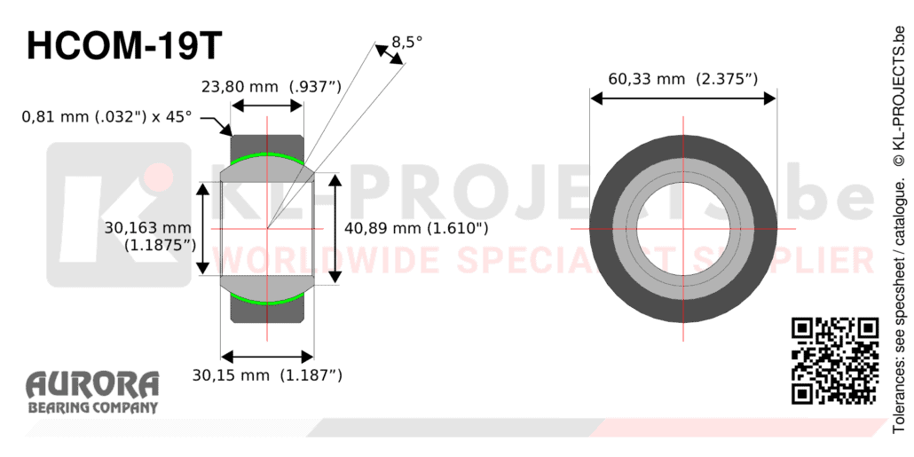 Aurora HCOM-19T narrow spherical bearing drawing with dimensions