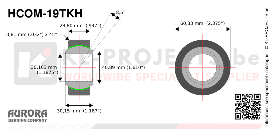 Aurora HCOM-19TKH narrow spherical bearing drawing with dimensions