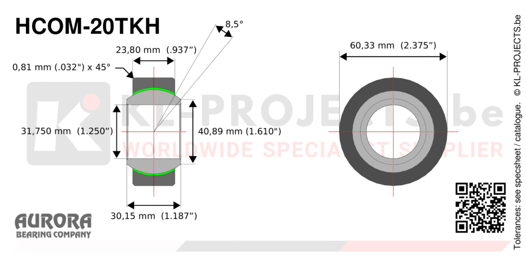 Aurora HCOM-20TKH narrow spherical bearing drawing with dimensions