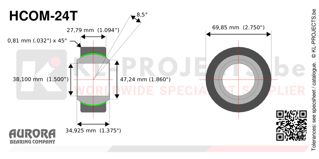 Aurora HCOM-24T narrow spherical bearing drawing with dimensions