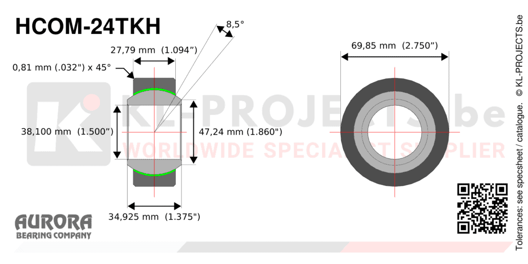 Aurora HCOM-24TKH narrow spherical bearing drawing with dimensions