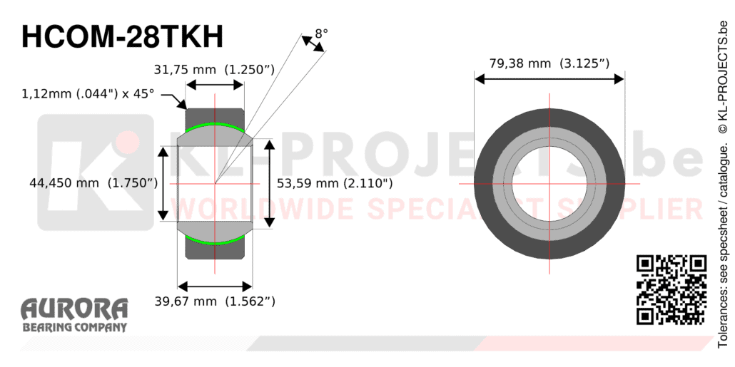 Aurora HCOM-28TKH narrow spherical bearing drawing with dimensions