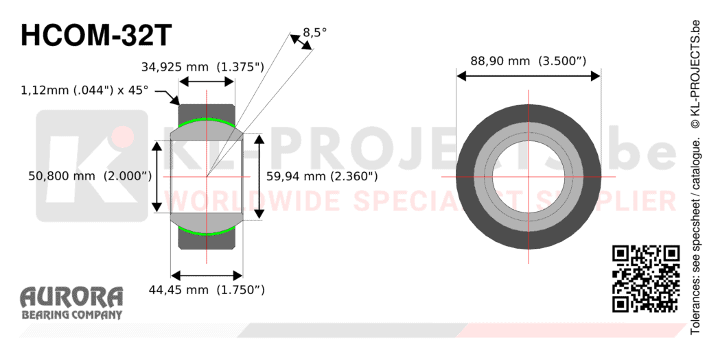 Aurora HCOM-32T narrow spherical bearing drawing with dimensions