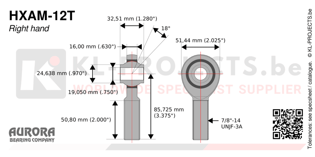 Aurora HXAM-12T male rod end drawing with dimensions