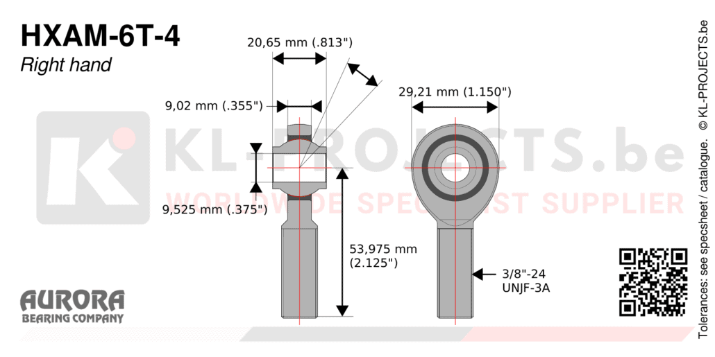 Aurora HXAM-6T-4 male rod end drawing with dimensions