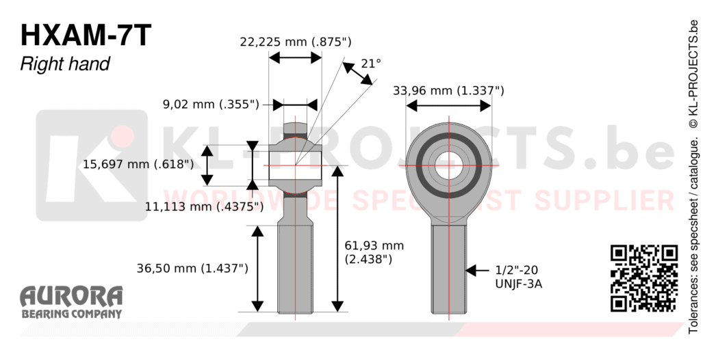 Aurora HXAM-7T male rod end drawing with dimensions
