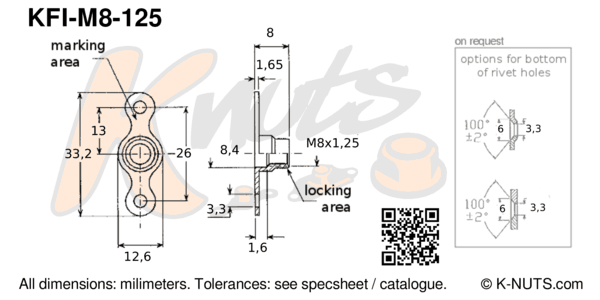 drawing of M8x1.25 double lug fixed nutplate with dimensions