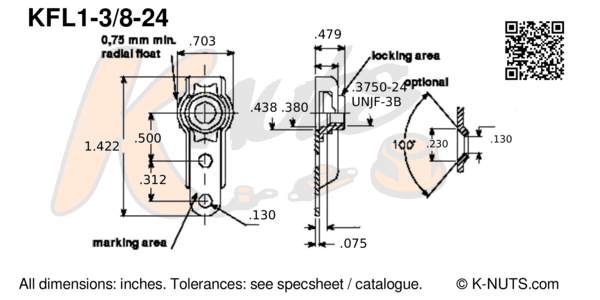 KFL1-3/8-24 floating anchor nut .3750-24 UNJF-3B with one lug drawing of 3/8"-24 single lug floating nutplate with dimensions