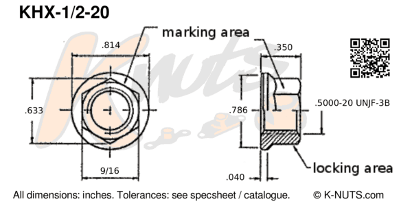drawing of 1/2-"-20 standard hex k-nut with dimensions