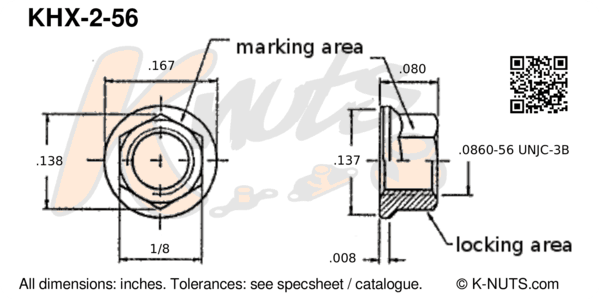 drawing of #2-56 standard hex k-nut with dimensions