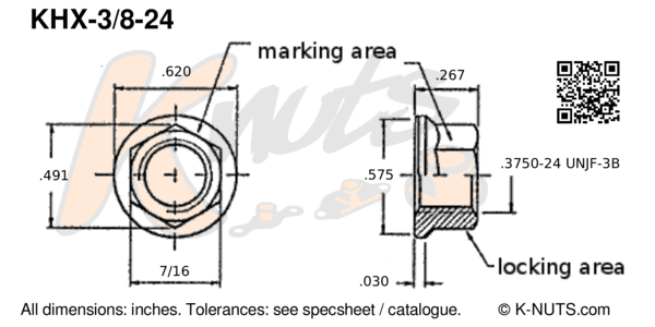 drawing of 3/8"-24 standard hex k-nut with dimensions
