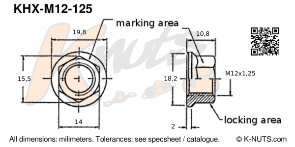 drawing of M12x1.25 standard hex k-nut with dimensions