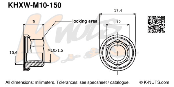 drawing of M10x1.5 hex k-nut with captive washer with dimensions